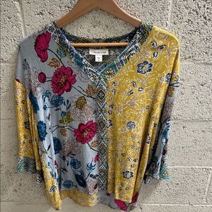 Coldwater Creek Yellow & Light Blue Floral Patchwork V-Neck Tunic